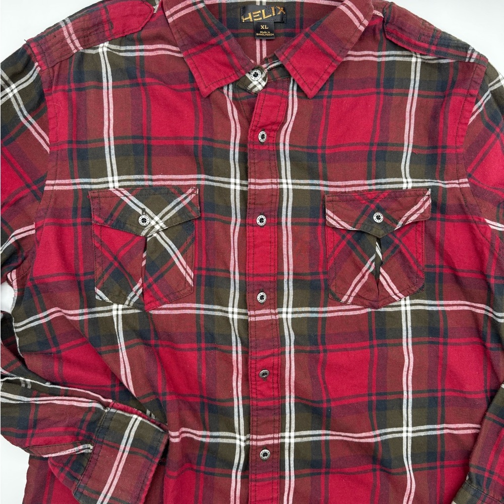 Helix Red/Green/Black Plaid Lightweight‎ Flannel Shirt, XL